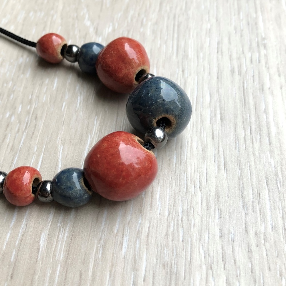 Rust Colored And Blue Statement Ceramic Necklace - image 2